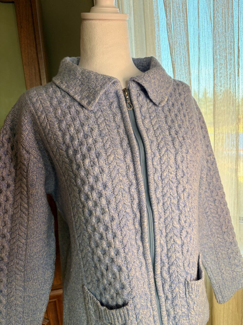 Original Aran Co. Lambswool Cable Knit Cardigan Large Powder Blue Irish Fisherma